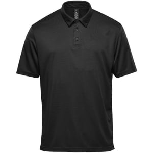 A black short sleeve polo shirt featuring a collar and three buttons, with a logo on the chest.