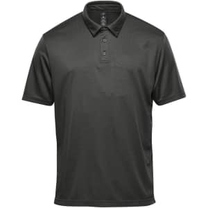 A dark green short sleeve polo shirt featuring a collar and a logo on the chest.