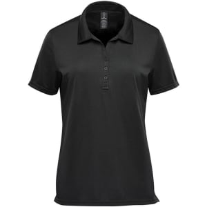 A black women's performance short sleeve polo shirt with a collar and a small logo.