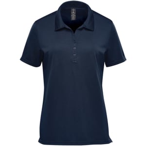A dark navy women's polo shirt with a classic collar and short sleeves, featuring a logo.