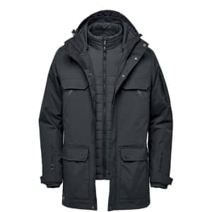 A dark green men's 5-in-1 system jacket featuring multiple pockets and a detachable inner layer. It has a logo.