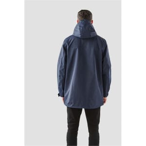 A navy men's jacket featuring a hood, shown from the back, with a simple design and logo branding.