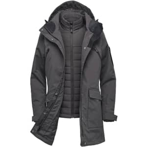 A grey Women's Fairbanks 5-in-1 System Jacket, featuring a removable inner lining and multiple pockets.