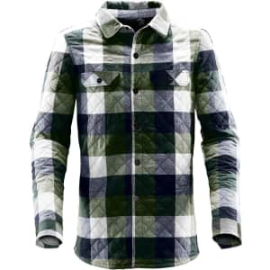 A men's shacket in a green and white checkered pattern with long sleeves and a branding logo.
