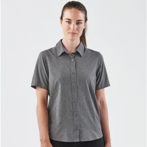 A button-up women's shirt in grey with short sleeves and a collar, featuring a logo.