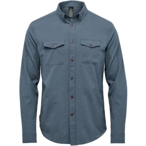 A long-sleeved, blue quick-dry shirt with two chest pockets and a button-up closure. It features a logo.