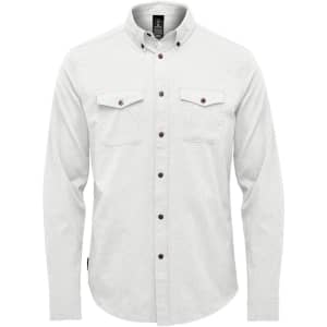 A light grey long-sleeve shirt with a button-up front and two chest pockets, featuring a logo on the tag.