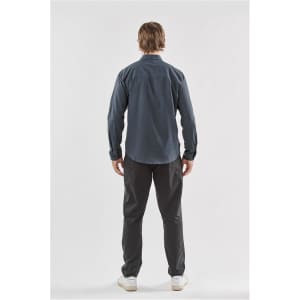 A men's long-sleeve quick dry shirt in dark blue, featuring a collar and a logo on the back.