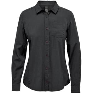 A dark green women's button-up shirt with long sleeves and a single chest pocket. It features a logo on the label.