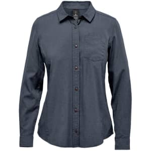 A women's button-up shirt in dark grey with a front pocket and a collar, featuring a logo.