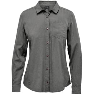 A women's button-up shirt in a green hue with long sleeves and a chest pocket. It features a logo on the label.