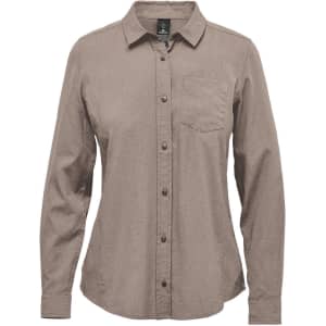 A women's long-sleeve button-up shirt in a light brown shade, featuring a single chest pocket and a logo.