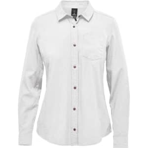 A women's button-up shirt in light grey with a chest pocket and wooden buttons. Features a logo.