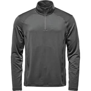 A dark grey long sleeve quarter-zip shirt with a collar and a logo on the sleeve.