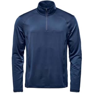 A navy long sleeve men's shirt featuring a 1/4 zip collar and a logo. Ideal for casual wear.