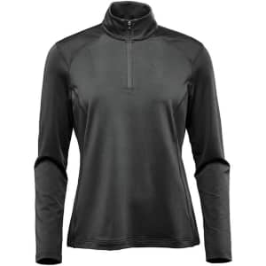 A women's long sleeve jumper in black featuring a 1/4 zip and a fitted design. It has branding on the garment.