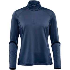 A navy long sleeve jumper featuring a quarter zip design and a logo on the chest.