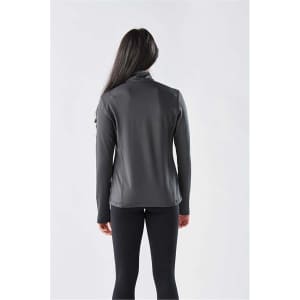 A long-sleeve, grey women's jumper featuring a 1/4 zip and a sleek design, with an unobtrusive logo.