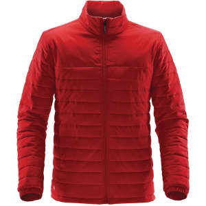 A red quilted jacket featuring a zip front and standing collar, with a logo on the front.