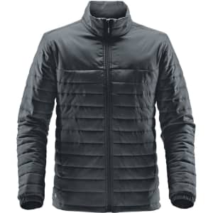 A men's quilted jacket in dark grey with a zip front and quilted detailing. Features a logo on the jacket.