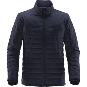 A men's navy quilted jacket with a front zip and a logo on the hem, featuring a modern, insulated design.