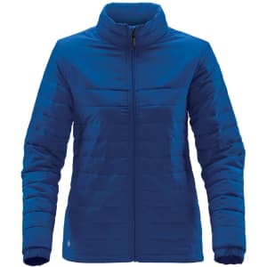 A blue women's quilted jacket featuring a zip front and stand-up collar, with a logo on the side.