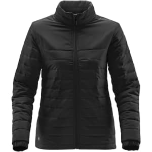 A black women's quilted jacket with a high collar, featuring a zip front and long sleeves. It has a logo on the lower side.