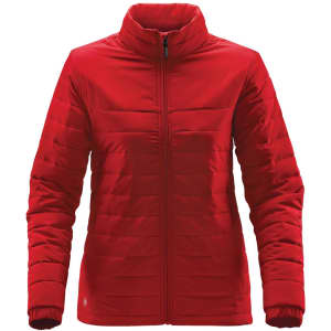 A red women's quilted jacket with a zip front and high collar, featuring a logo on the chest.
