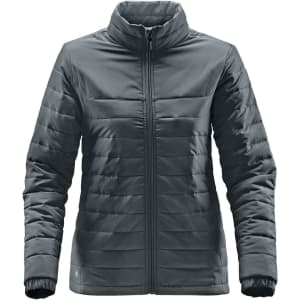 A women's quilted jacket in dark grey with a zip front and stand-up collar. It features a branding logo.