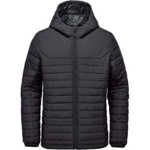 A black quilted hoody with a zip front and adjustable hood, featuring a logo on the chest.