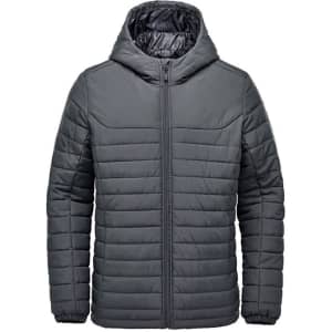 A grey quilted hoody with a zip front and hood, featuring elastic cuffs and a logo on the chest.