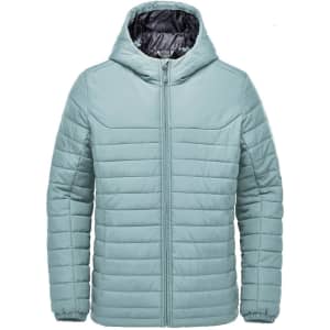 A light teal quilted hoody with a zip front and a hood, featuring a logo on the chest.