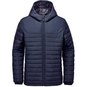 A navy blue quilted hoody with a zip front and a hood, featuring a logo on the chest.