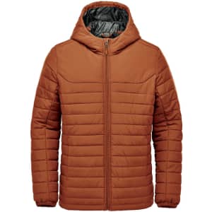 A brown quilted hoody with a zip closure and a hood, featuring a contrasting interior lining and a logo.