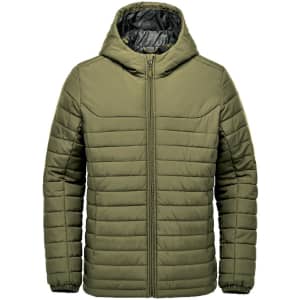 A green quilted hoody with a zip front and a hood, featuring a simple design and soft material.