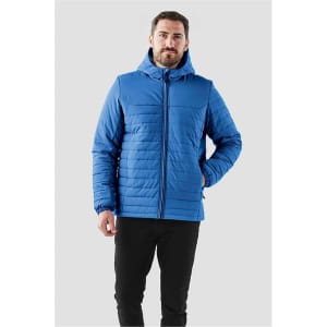 A quilted blue hoody for men with a zip front and an adjustable hood, featuring a logo on the chest.