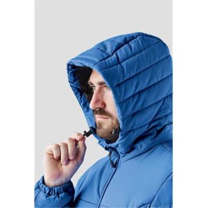 A blue men's quilted hoody featuring a hood and zip closure, with a man adjusting the drawstring.