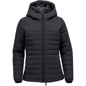 A women's black quilted hoody with a zipper and a hood, featuring a branded logo.