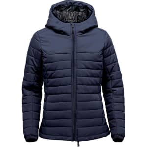 A navy women's quilted hoody with a front zip and a lined hood, featuring a logo on the chest.