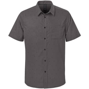 A short-sleeve, button-up men's shirt in grey featuring a dotted pattern and a chest pocket. It has a logo.