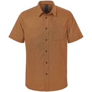 A short-sleeve button-up shirt in brown with a patterned design, featuring a pocket and a logo.