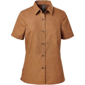 A short-sleeved women's button-up shirt in a brown fabric with small pattern accents and a chest pocket. Features a logo.