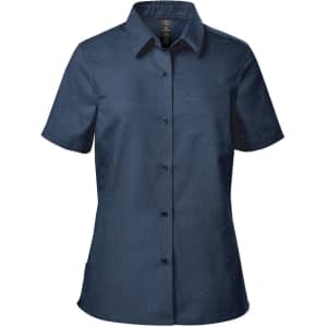 A navy blue women's button-up shirt with short sleeves and a pocket, featuring a subtle dotted pattern.