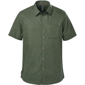 A short-sleeved button-up shirt in a muted green colour with a chest pocket and a logo.