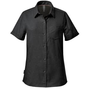 A black short-sleeve button-up shirt with a chest pocket and subtle speckled pattern. Includes a logo.