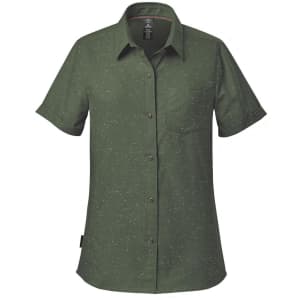 A green short-sleeved button-up shirt with a front pocket and a logo on the label.