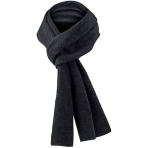 A dark grey knitted scarf, elegantly wrapped, featuring a simple design and a logo.