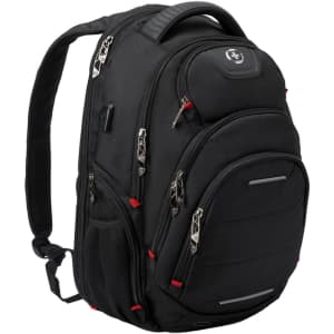 A black Swissdigital Neptune Backpack with multiple zippers, compartments, and a logo on the front.