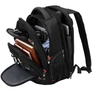 A black backpack with multiple compartments, featuring storage for a laptop, documents, and other accessories.