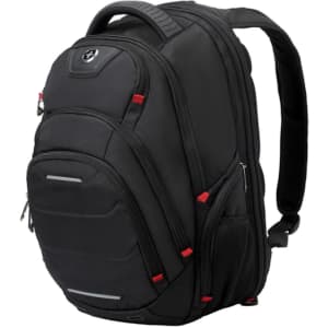 A black backpack with red accents, featuring multiple compartments and a logo, designed for versatile use.